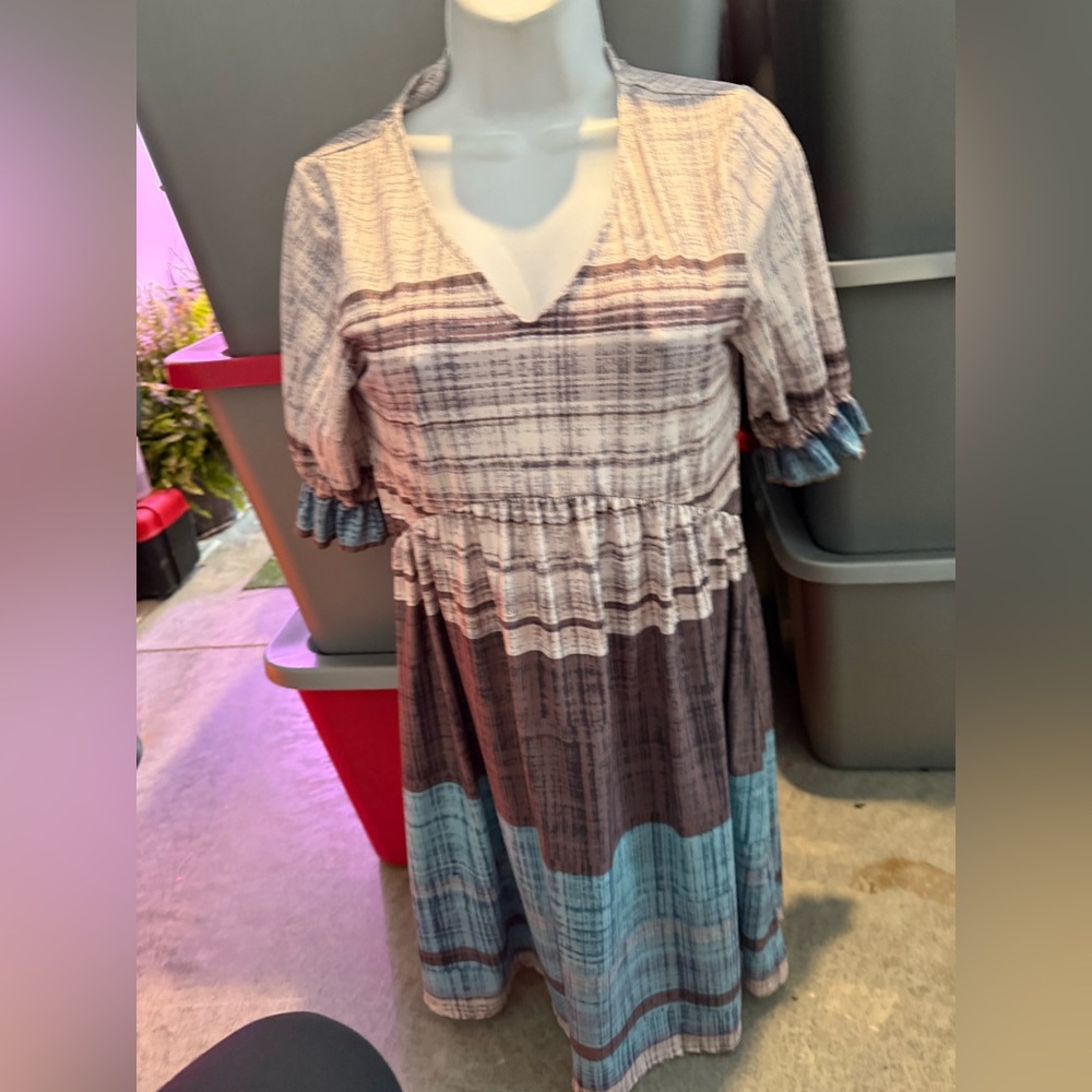 Boho Tiered V-Neck Midi Dress in Blue and Brown